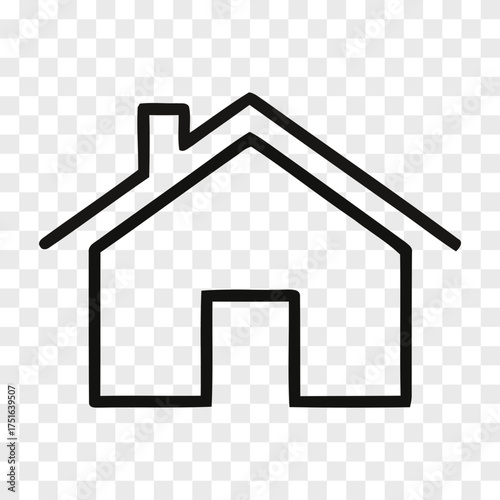A simple outline drawing of a house with a chimney and a doorway rendered in black on a transparent background home dwelling residence building structure