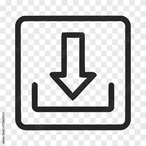 A simple black and white outline icon representing downloading a file or saving data presented on a transparent background save upload transfer arrow graphic