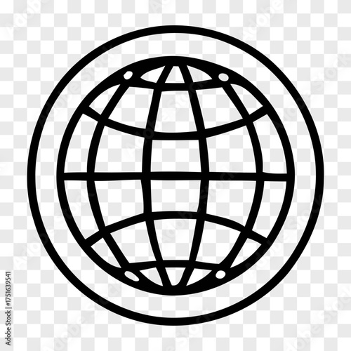Black outline of a globe with latitude and longitude lines within a circular border on a transparent background world earth international network travel