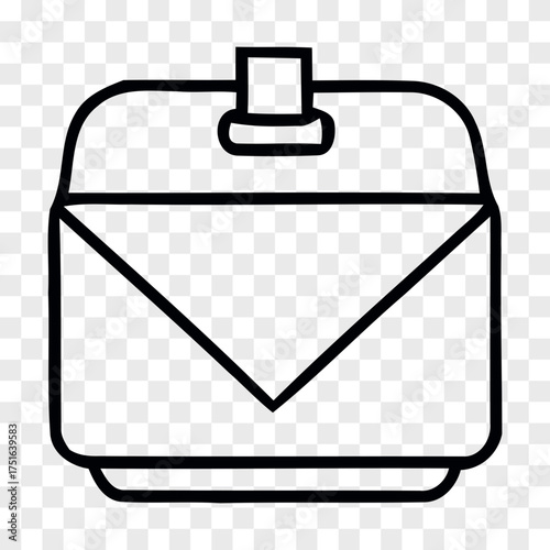 A simple black outline drawing of an envelope with a flap and a small tab presented on a transparent background for graphic design Mail Letter Communication
