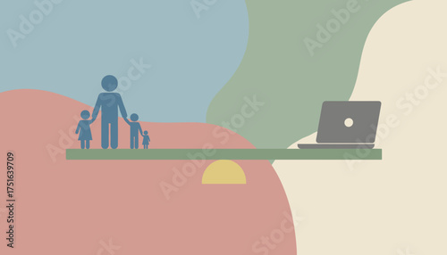 Family and laptop on a seesaw representing the challenge of worklife balance