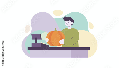 Man purchasing a pumpkin at a store checkout Seasonal autumn harvest