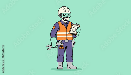 Skeleton construction worker in safety gear holding a wrench and clipboard with a ghost illustration Halloween industry