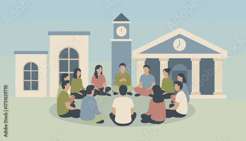 Diverse group meeting in a circle near buildings for community discussion or education
