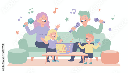 Happy family singing karaoke at home enjoying music and bonding time Fun leisure activity