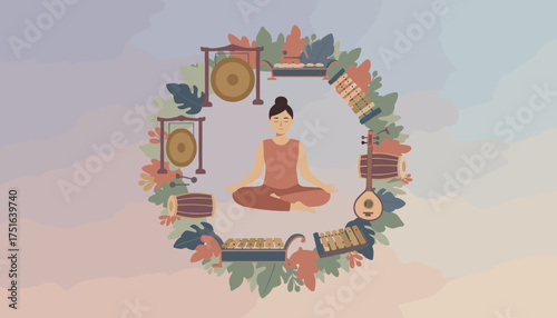 Meditating woman surrounded by traditional instruments and leaves Calm sound healing spiritual peace