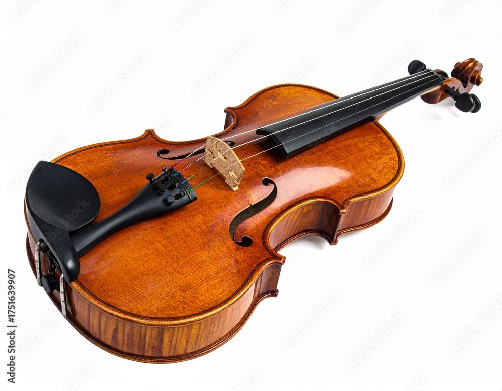 Fototapeta premium Classic wooden violin with rich brown finish black fingerboard and carved f-holes for editorial music education classical instrument craftsmanship and artistic expression-themed visuals