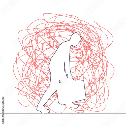 Sad and weary businessman walking with briefcase. Man feeling lonely and having mental pressure or stress. Bankruptcy on global economic recession and failure. Tired character with slumped shoulders.