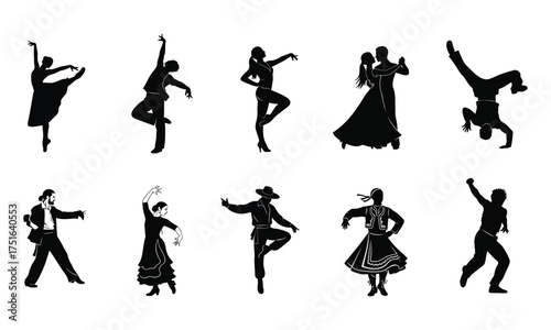 Set of diverse dance silhouettes various styles and poses vector illustration isolated on white background
