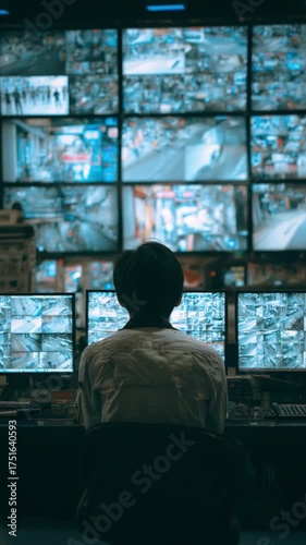 Guardian of the Screens: A focused individual monitors a vast array of security cameras, ensuring vigilant oversight and safeguarding against unseen threats. 