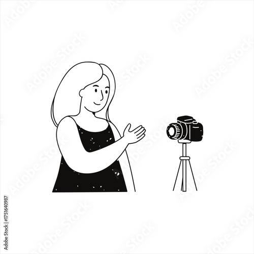 Woman interacting with a camera on a tripod for a photo or video shoot