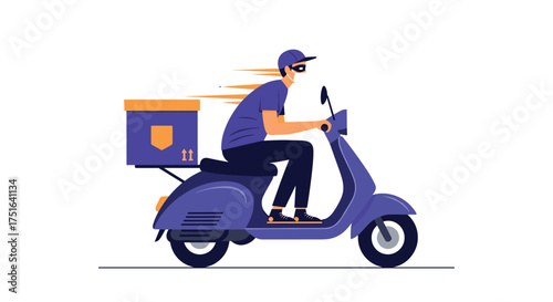 A delivery person is riding a scooter with a box on the back in a fast motion.