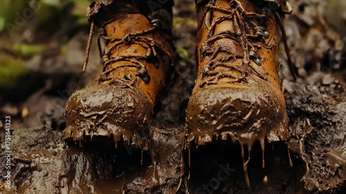 Close-up of muddy hiking boots standing in thick, wet muck. Laces visible, droplets