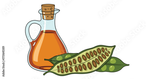 Illustration of a glass bottle filled with amber colored oil next to two green pods one of which is cut open revealing its seeds.