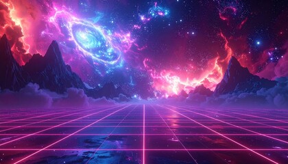 Papier peint photo Prune Vivid digital artwork showcases a futuristic landscape with neon-lit grid lines extending towards a vibrant cosmic vista filled with nebulae, mountains, and star clusters, evoking a sense of wonder.  © Uwais