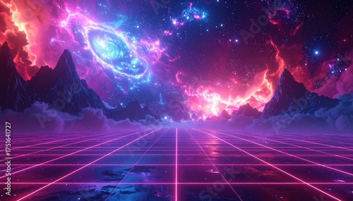 Vivid digital artwork showcases a futuristic landscape with neon-lit grid lines extending towards a vibrant cosmic vista filled with nebulae, mountains, and star clusters, evoking a sense of wonder.