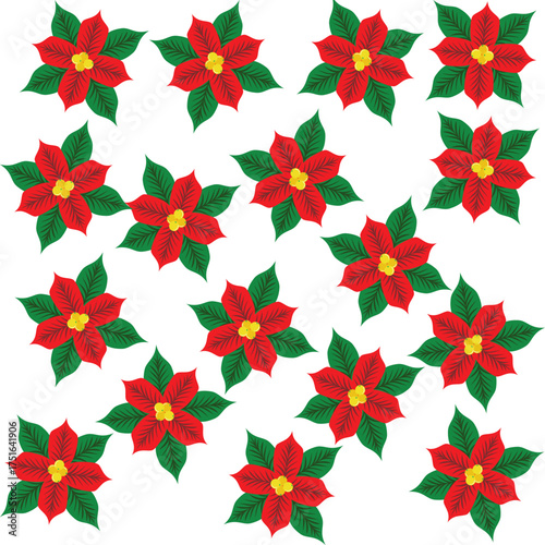 A pattern of vivid red flowers with deep green leaves on a white background, creating a bright, warm, and lively atmosphere.