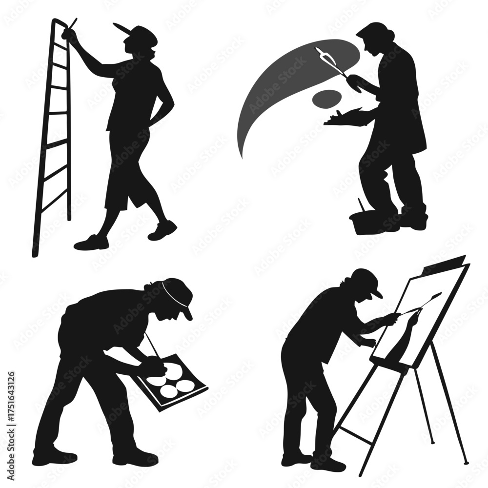 Obraz premium Vector art of four silhouettes of artists painting on canvas