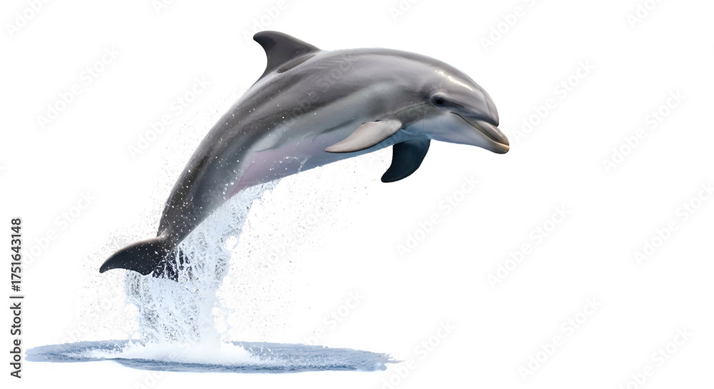 Fototapeta premium Dolphin leaps, water sprays, a magnificent creature against black