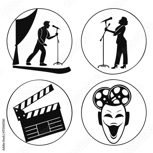 Vector art of black and white vector illustration of a movie set with clapperboard and film reel