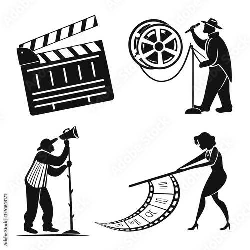 Vector art of black and white vector illustration of a movie set with clapperboard and film reel