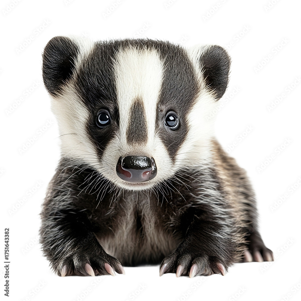 Fototapeta premium Angular view full body shot of a baby badger studio shot isolated on a white transparent background