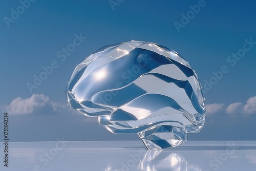 Translucent brain sculpture reflects light, symbolizing clarity and intellect against blue sky