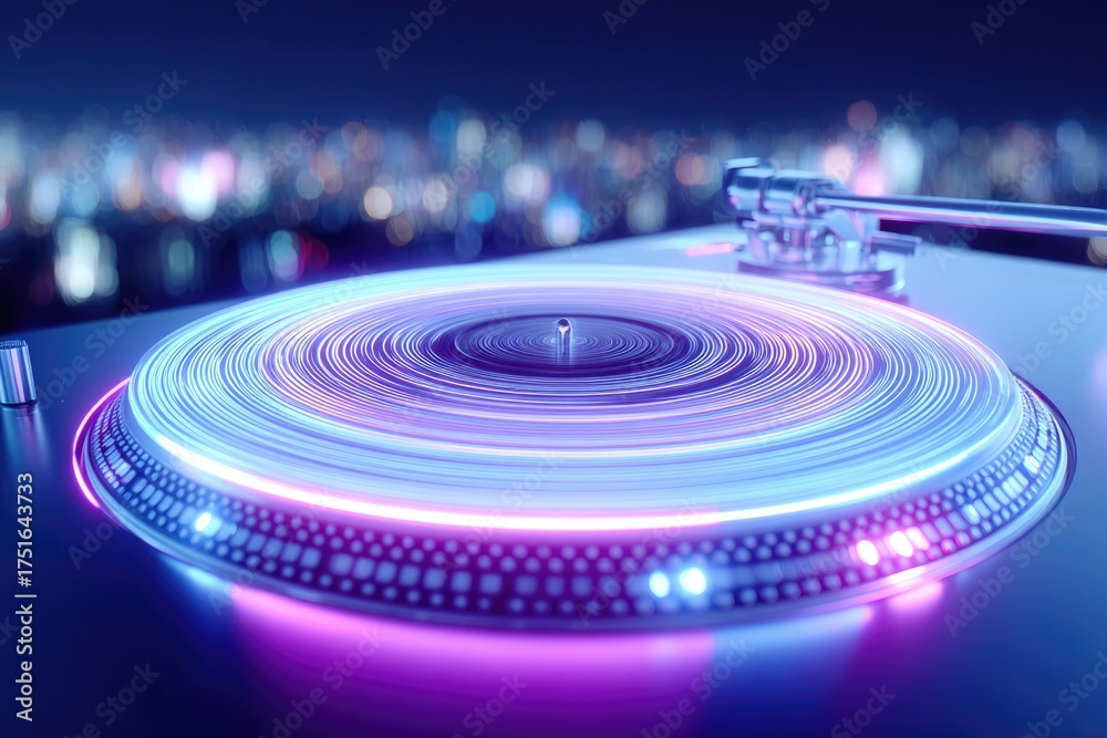Fototapeta premium Illuminated turntable with vibrant lights against city skyline at night