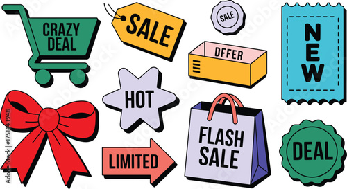 Brightly Colored Cartoon Sales and Shopping Icons Featuring Deals and Promotions