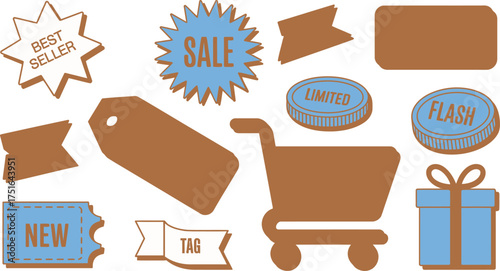 Brown Shopping Cart with Blue Sale and Promotion Labels and Tags Clipart