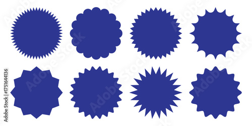 Starburst blue sticker set vector. Sunburst labels, starburst badges, promotional sale stickers. Wavy edges starburst stickers. Vector illustration