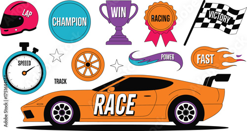 Cartoon Racing Icons Car, Helmet, Stopwatch, Trophy, Flag, Wheel, Labels, With Words