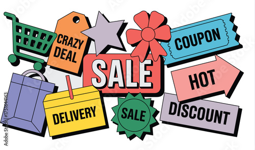 Cartoon Shopping Sale Promo Shopping Cart, Bag, Coupon, Delivery, Discount, Deal Graphics