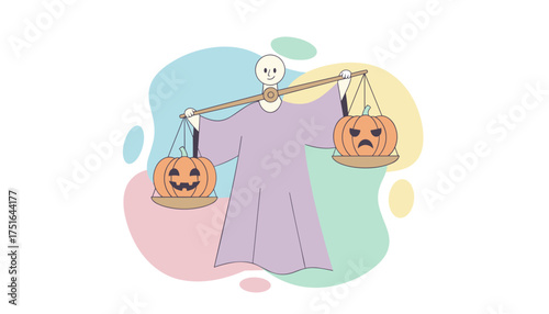 Figure balancing happy and sad Halloween pumpkins Represents emotional choice or holiday duality