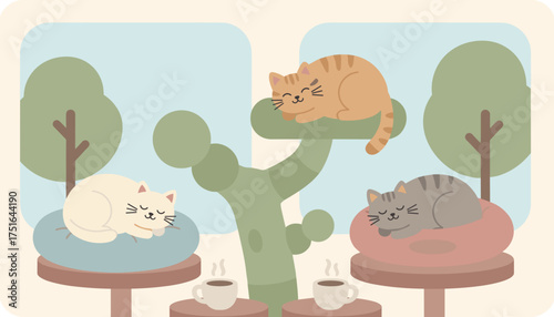 Three cute cats napping peacefully in a cozy serene setting with coffee for relaxation