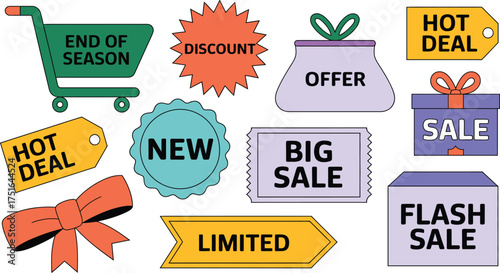 Colorful Cartoon Sales Stickers with End of Season, Discount, Offer, and Hot Deal Announcements