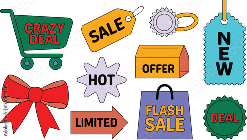 Colorful Illustration Featuring Shopping Elements Crazy Deal, Sale, Offer, New, Flash Sale, Deal