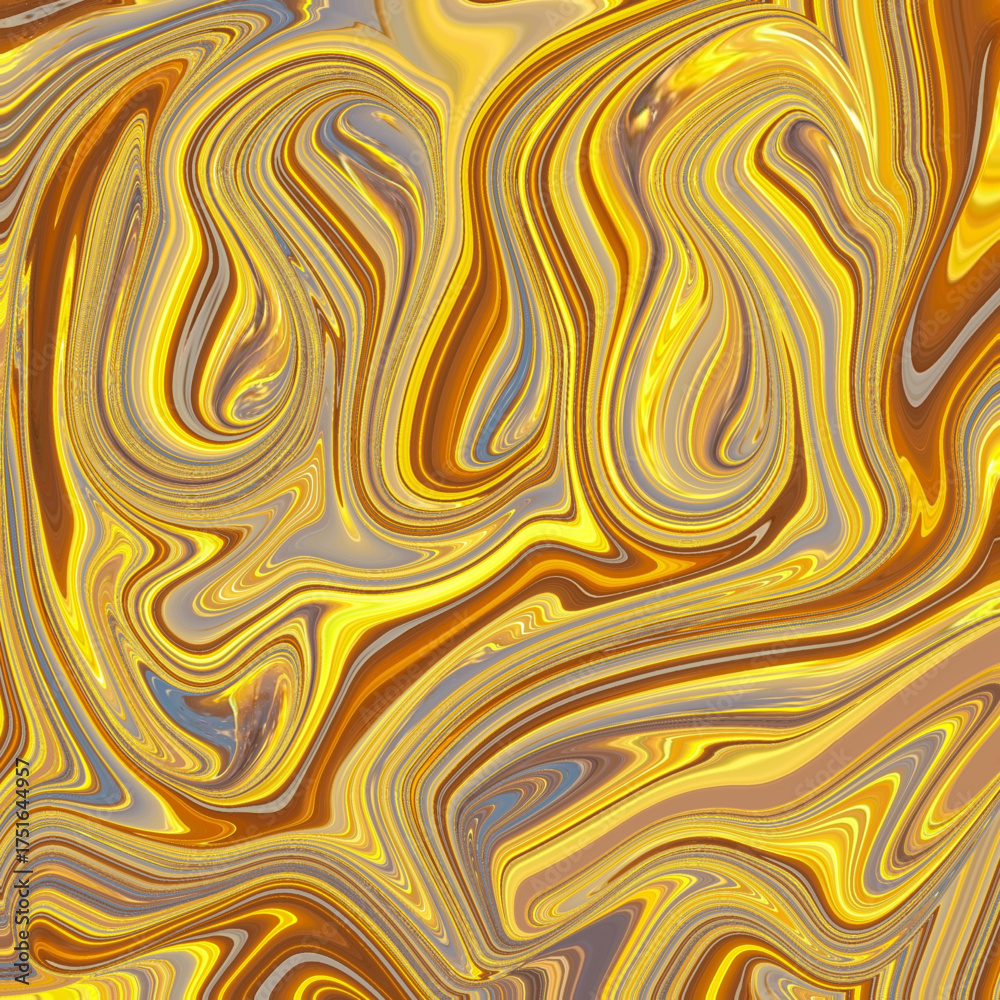 Obraz premium Golden and amber marbled swirl texture with fluid movement and elegant metallic highlights. Ideal for luxury abstract backgrounds.