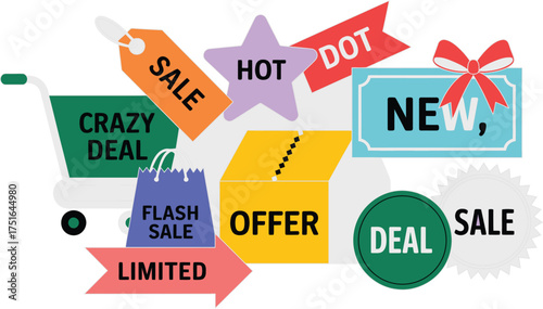 Colorful Sale and Offer Icons Shopping Cart, New Arrivals, Limited Time Discounts Illustration