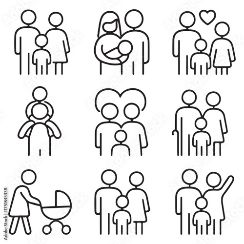 Family stroke outline icon set vector