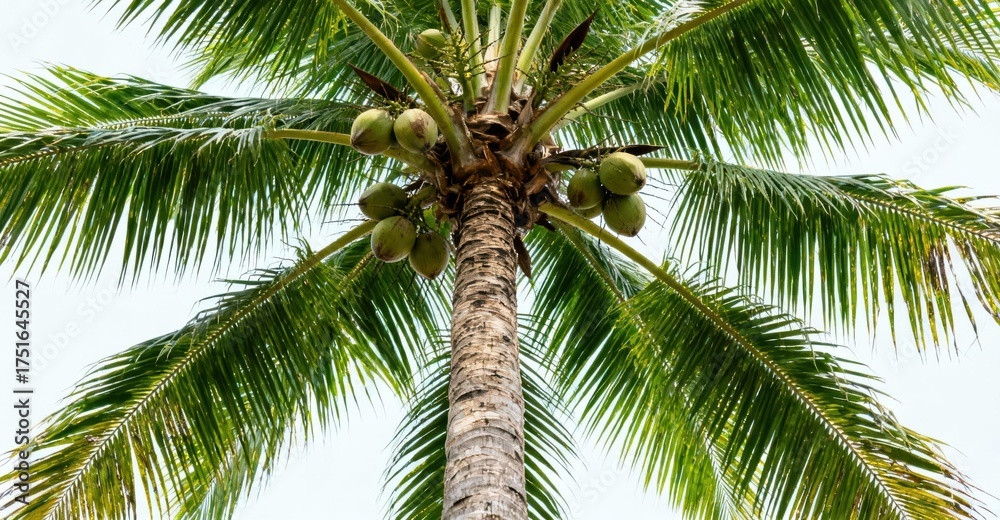 Fototapeta premium Lush green palm fronds frame developing coconuts on a textured trunk.
