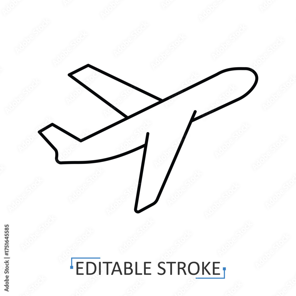Obraz premium An airplane icon in a minimalist line style with editable stroke. Air transport, global travel, flight symbol, vacation journey, tourism concept, commercial aircraft, international airport.