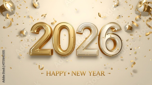 Luxurious 2026 Happy New Year Greeting with Golden Text & Confetti
