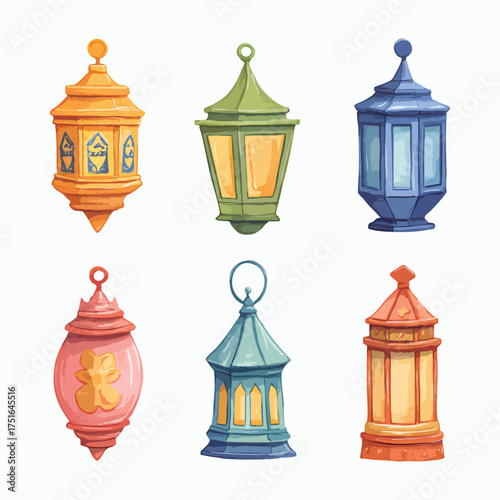 A set of vintage metal lanterns and an old birdcage casting a warm golden light on an empty table, evoking a sense of antique freedom and decoration