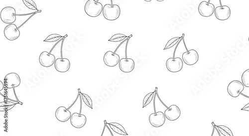 A repeating pattern of sketched cherries scattered across a white background.