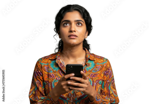 Young woman holding a smartphone isolated on transparent background