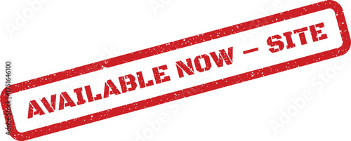 Grunge red available now site stamp vector, rectangular frame for print or web use
