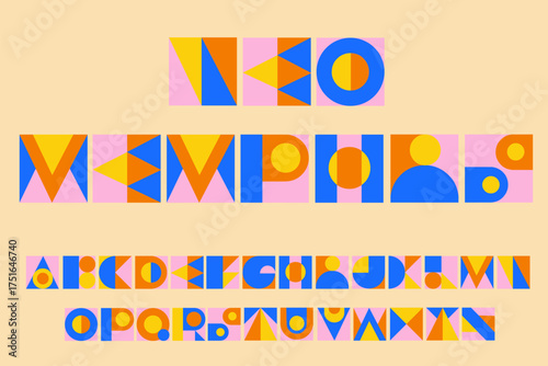 Neo Memphis Alphabet Vector Set with Geometric Shapes. Colorful Retro Letters in Modern Abstract Style for Poster, Sticker, Branding, Typography Design, and Creative Graphic Artwork.
