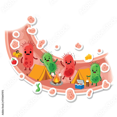 Cartoon illustration of bacteria camping inside a digestive tract, enjoying food and fire.