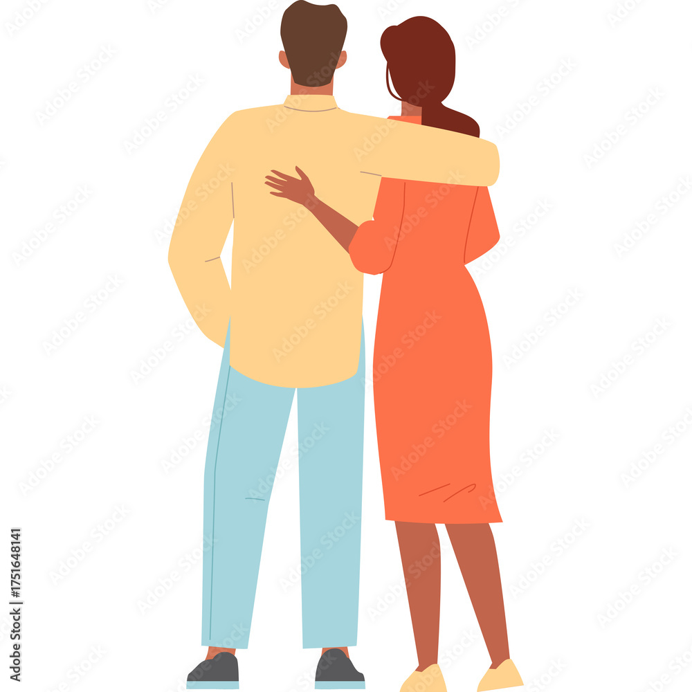 Fototapeta premium Couple Embracing Standing Together With Arm Around Shoulder In Flat Design Style With Transparent Background And White Void Background